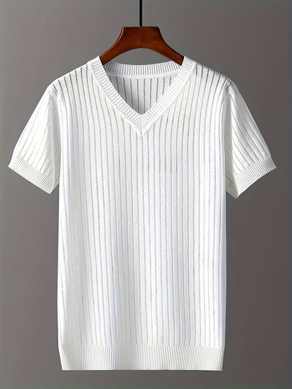 Men's Ice Silky Fiber V-Neck Short Sleeve Knit Sweater - Semi-Sheer Openwork Design, Solid Color Casual Pullover for Spring & Fall, Breathable & Versatile