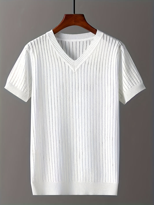 Men's Ice Silky Fiber V-Neck Short Sleeve Knit Sweater - Semi-Sheer Openwork Design, Solid Color Casual Pullover for Spring & Fall, Breathable & Versatile