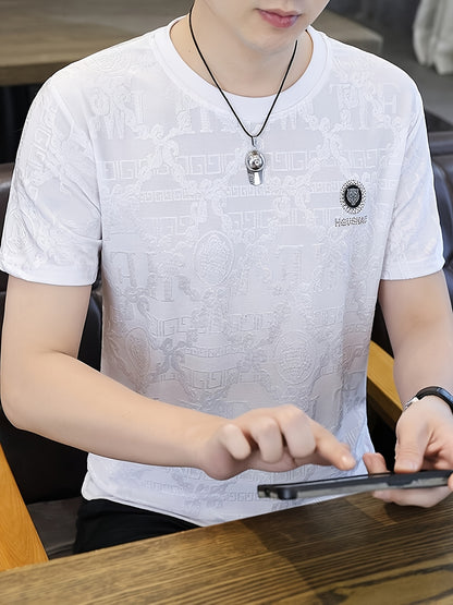 Men'S Elegant Black Short-Sleeve T-Shirt with Intricate Design - Casual Summer Top for Spring\u002FFall
