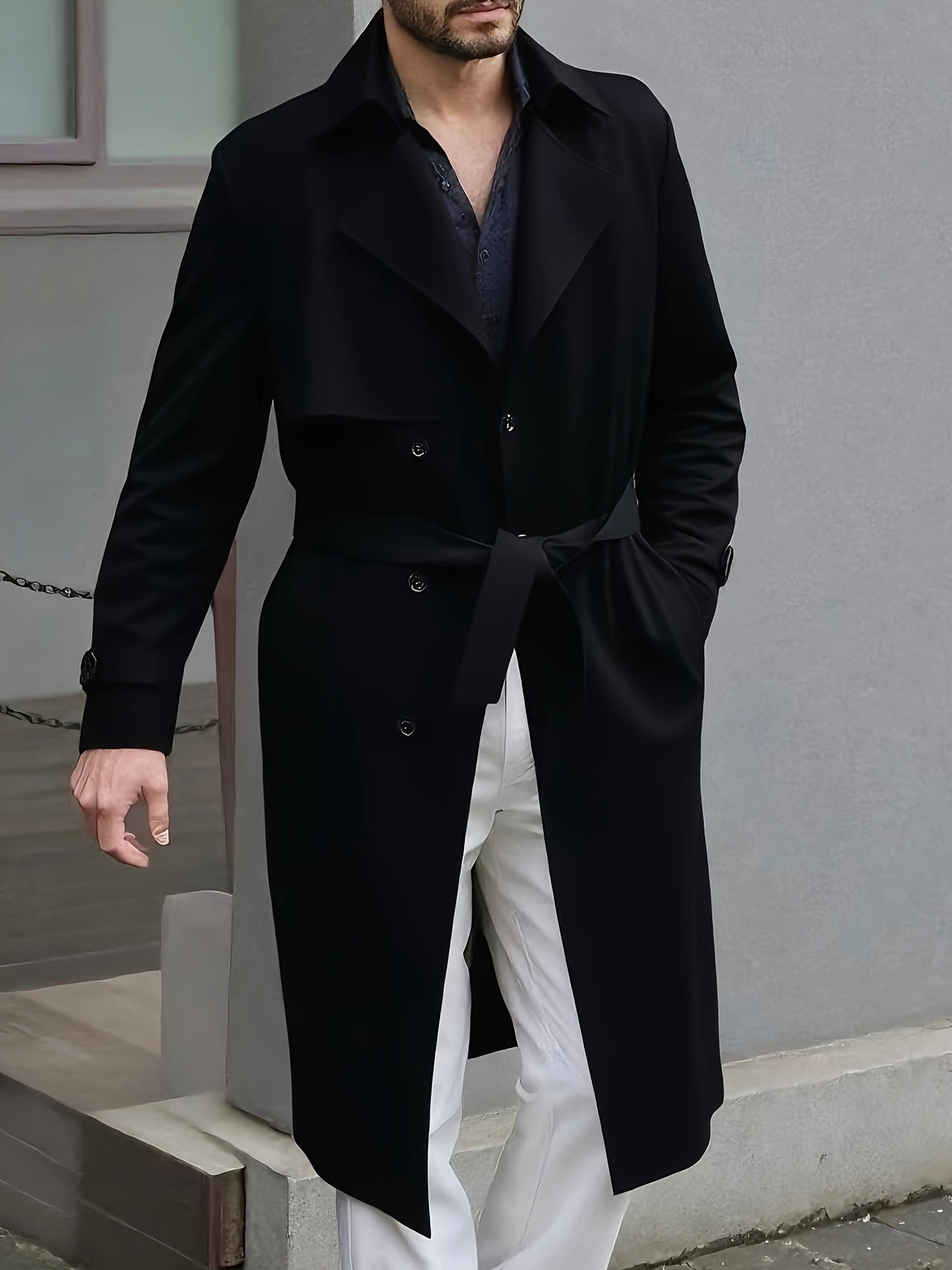 Men'S Casual Double-Breasted Trench Coat - Mid-Length Fall\u002FWinter Outerwear with Slit, Belted, Solid Black, Polyester, Single-Button Closure,
