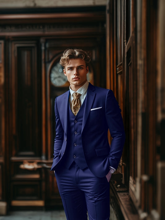 Men's Three-Piece Suit Set with Vest, Trousers, and Tie for Weddings and Formal Occasions