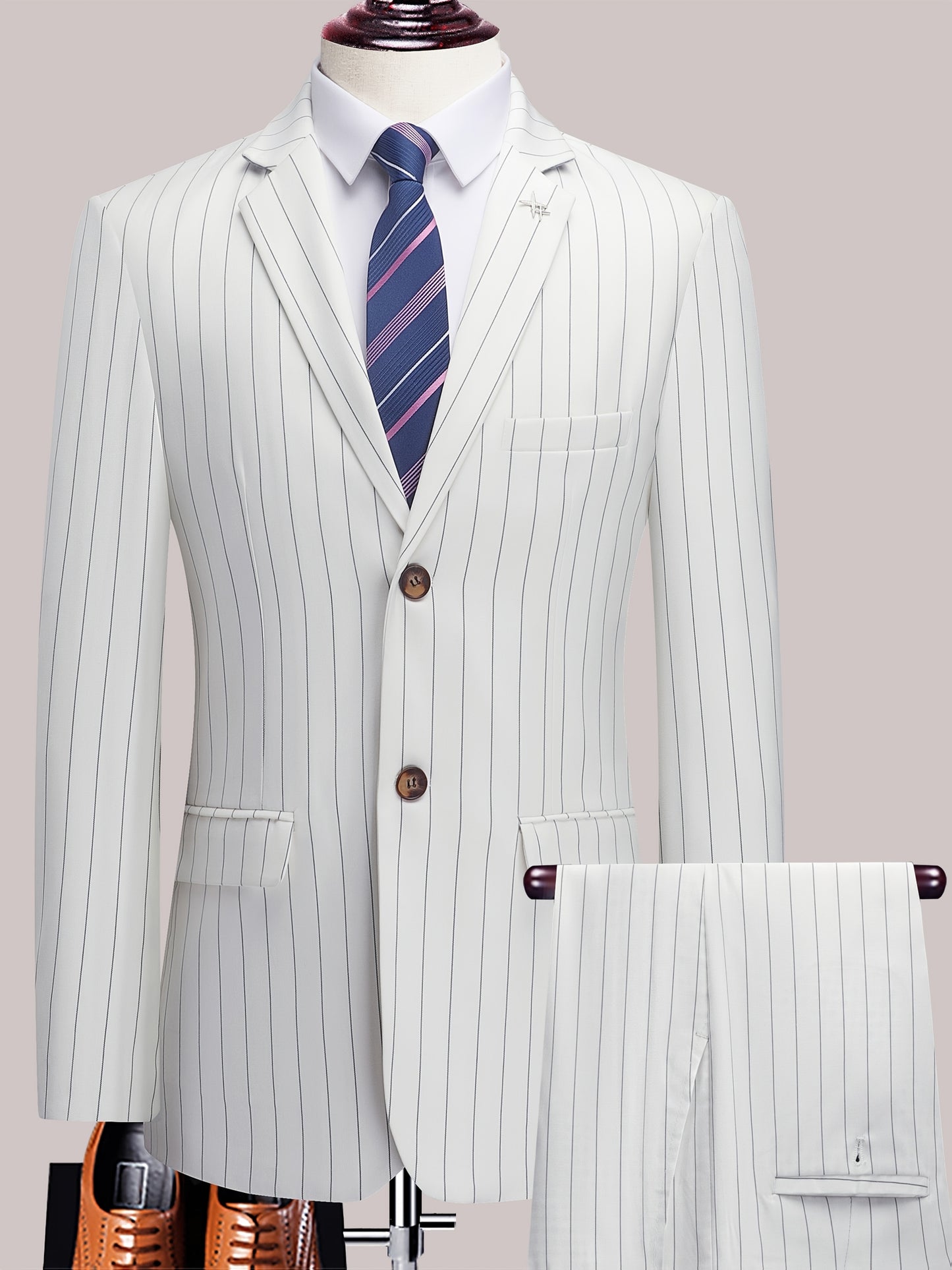 Men'S Striped Suit Set for Business Casual And Formal Events, Featuring a Lightweight Design Suitable for Spring And Autumn. The Two-Piece Suit Is Durable,