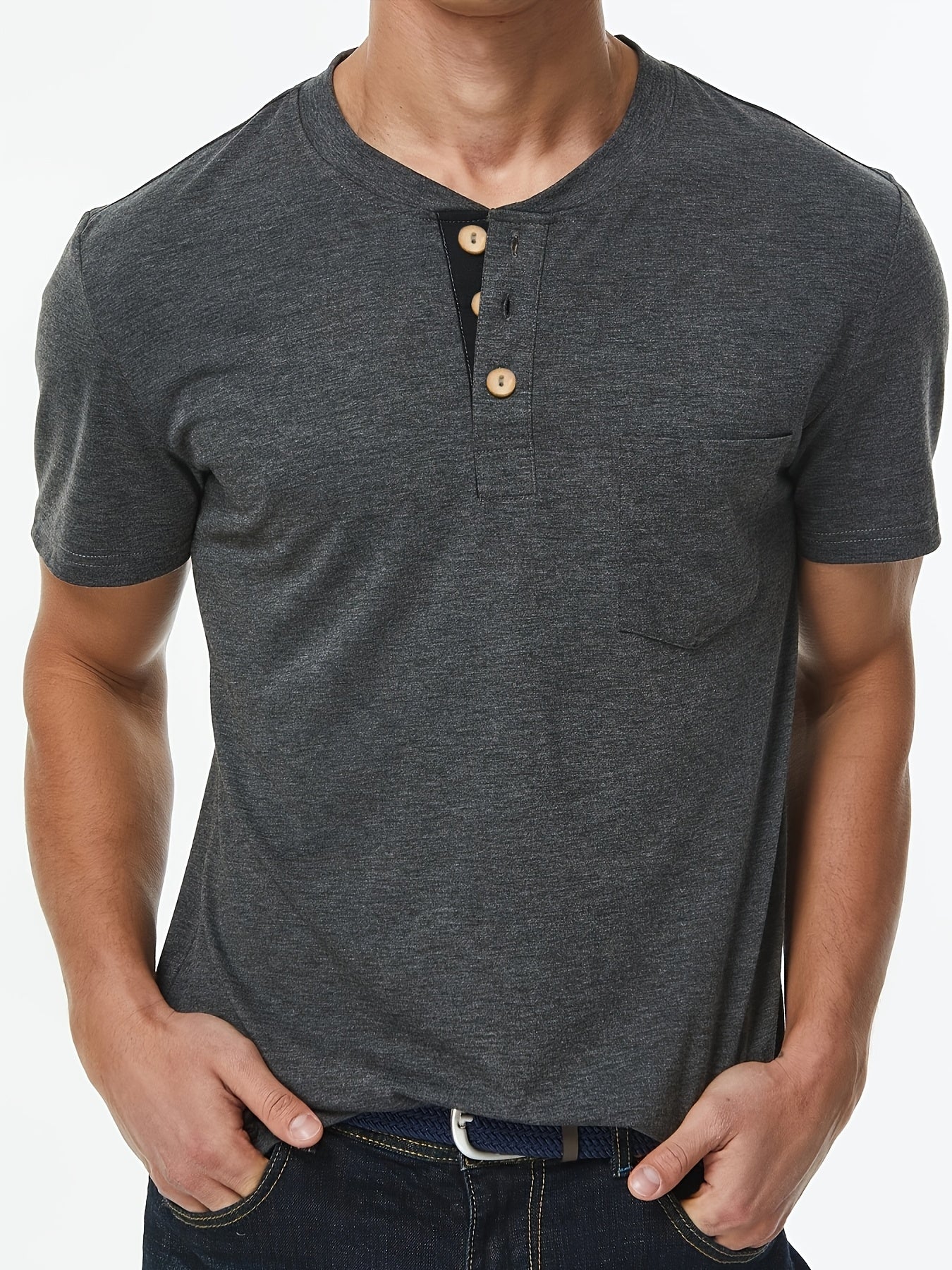 Stylish T-Shirt Soft Stretch Men's Plus Size Casual Henley T-Shirt | Lightweight 175gsm, Regular Fit Round Neck with Chest Pocket & Button Detail,