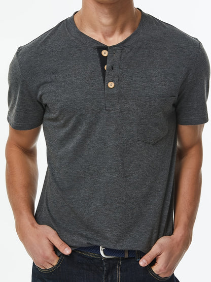 Stylish T-Shirt Soft Stretch Men's Plus Size Casual Henley T-Shirt | Lightweight 175gsm, Regular Fit Round Neck with Chest Pocket & Button Detail,