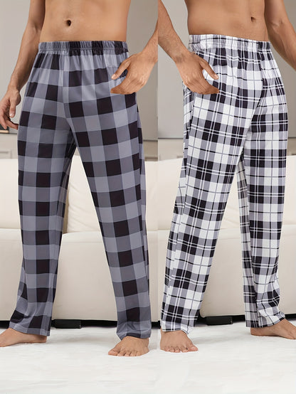Men'S 2pcs Plaid Print Pajama Pants, Casual Home Wear