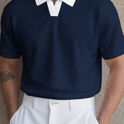 Knit Fabric, Polo Shirt Knit Fabric, All-Season Comfort | Men's Casual Loose Fit Polo Shirt - Short Sleeve, Button-Up Collar, Solid Color, Perfect for Casual Attire,