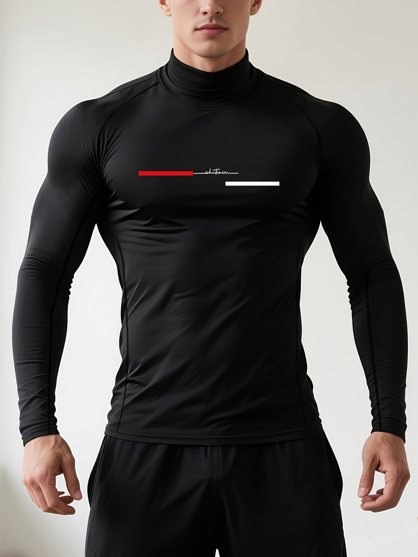 Men'S High Neck Compression Shirt - Long Sleeve Workout Top with Motivational Graphic, Muscle Fit Gym Shirt,