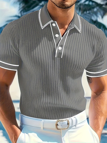 Textured Striped Shirt Textured Striped Collar Men's Short Sleeve Shirt | Solid Color, Regular Fit, Machine Washable, Versatile for Business Casual & Formal Occasions