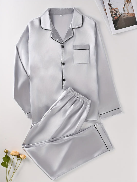 2pcs Soft Polyester Blend Men's Pajama Set - Breathable Long Sleeve & Pants Sleepwear, Solid Color, Button-Up Pajamas for Home & Outdoor Comfort