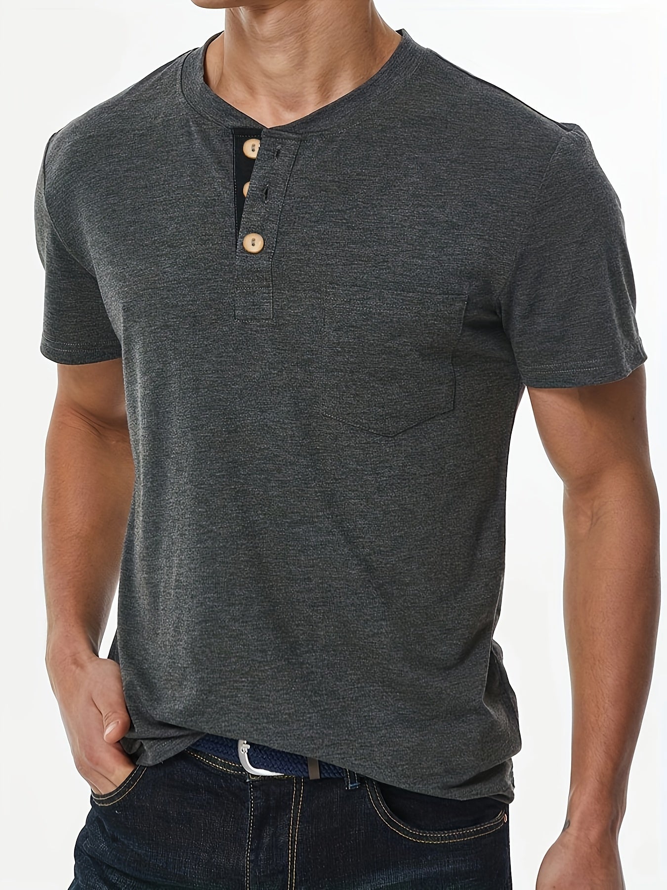 Stylish T-Shirt Soft Stretch Men's Plus Size Casual Henley T-Shirt | Lightweight 175gsm, Regular Fit Round Neck with Chest Pocket & Button Detail,