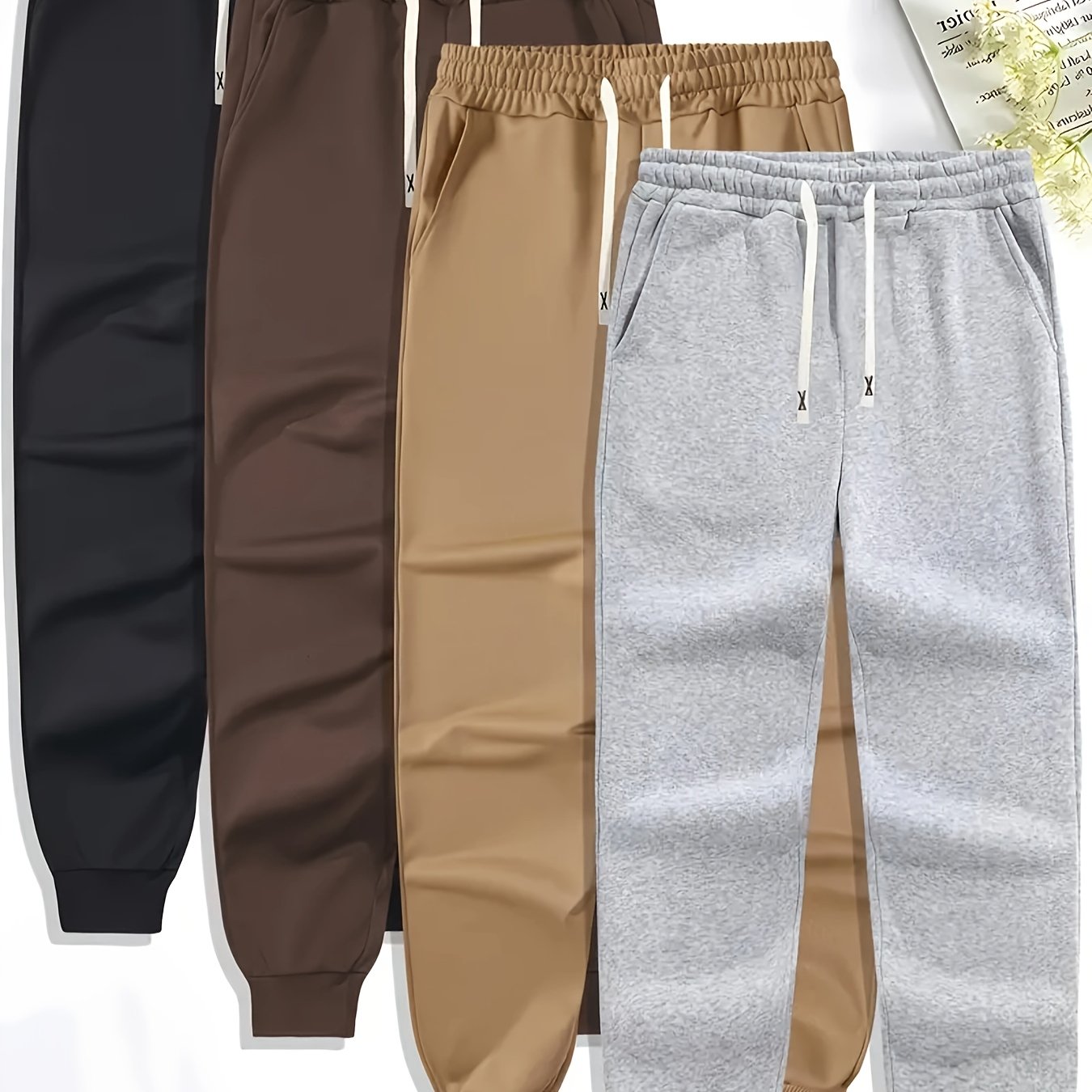 Mens Sports Jogger Pants 4pcs Plus Size Men's Sports Jogger Pants, Polyester Knit Fabric, Slight Stretch, Solid Color, Regular Fit,