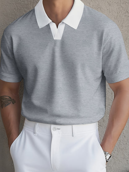 Knit Fabric, Polo Shirt Knit Fabric, All-Season Comfort | Men's Casual Loose Fit Polo Shirt - Short Sleeve, Button-Up Collar, Solid Color, Perfect for Casual Attire,