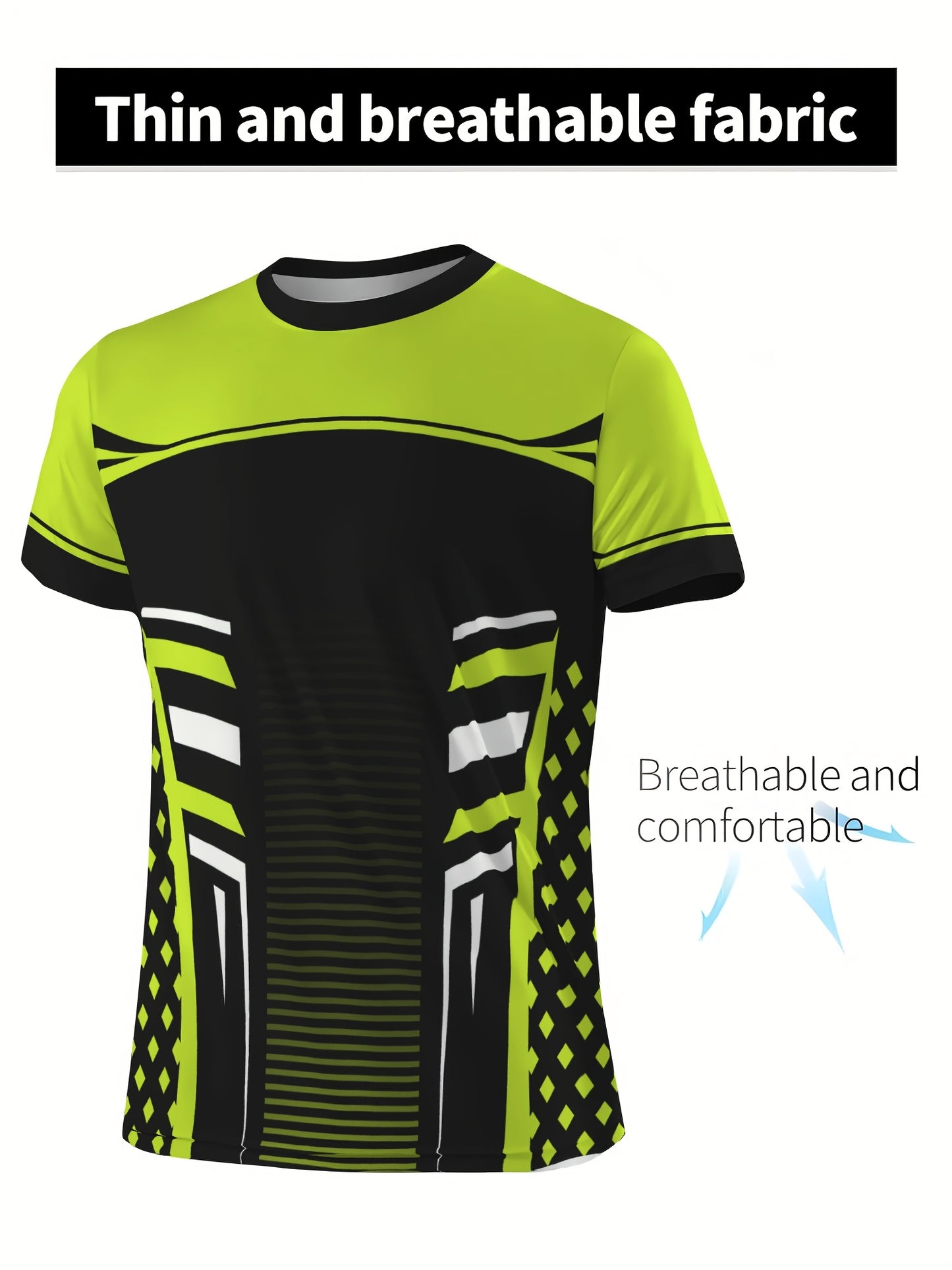 Geometric print high stretch skinny fit short sleeve crew neck T-shirt, quick-drying sports top for summer fitness,