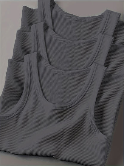 3pcs Men's Solid Color Sleeveless Tank Tops - Sporty Slim Fit, Breathable Stretch Fabric, Round Neck, Machine Washable, All-Season Casual & Athletic Wear