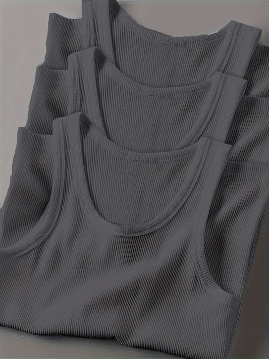 3pcs Men's Solid Color Sleeveless Tank Tops - Sporty Slim Fit, Breathable Stretch Fabric, Round Neck, Machine Washable, All-Season Casual & Athletic Wear