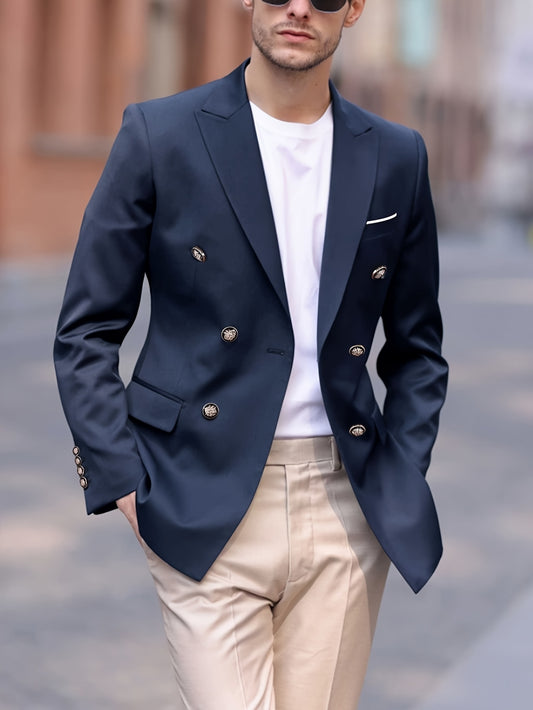1pc Navy Blue Men's Double-Breasted Notch Lapel Suit Jacket - Luxury Business Casual Coat with Golden-Tone Buttons,