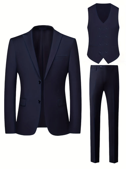 Men's Notch Lapel Suit Set, Single-Breasted Double-Breasted Jacket with Pants and Vest, Suitable for Formal Wear, Wedding Attire, Workwear, or Festive Gift