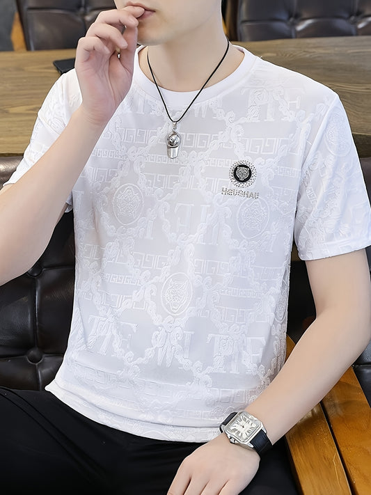 Men'S Elegant Black Short-Sleeve T-Shirt with Intricate Design - Casual Summer Top for Spring\u002FFall