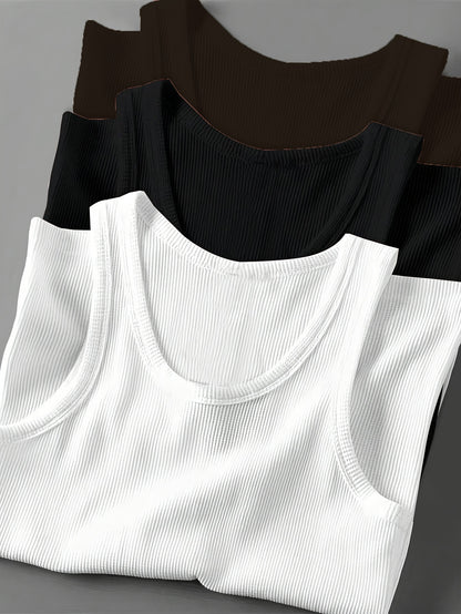 3pcs Men's Solid Color Sleeveless Tank Tops - Sporty Slim Fit, Breathable Stretch Fabric, Round Neck, Machine Washable, All-Season Casual & Athletic Wear
