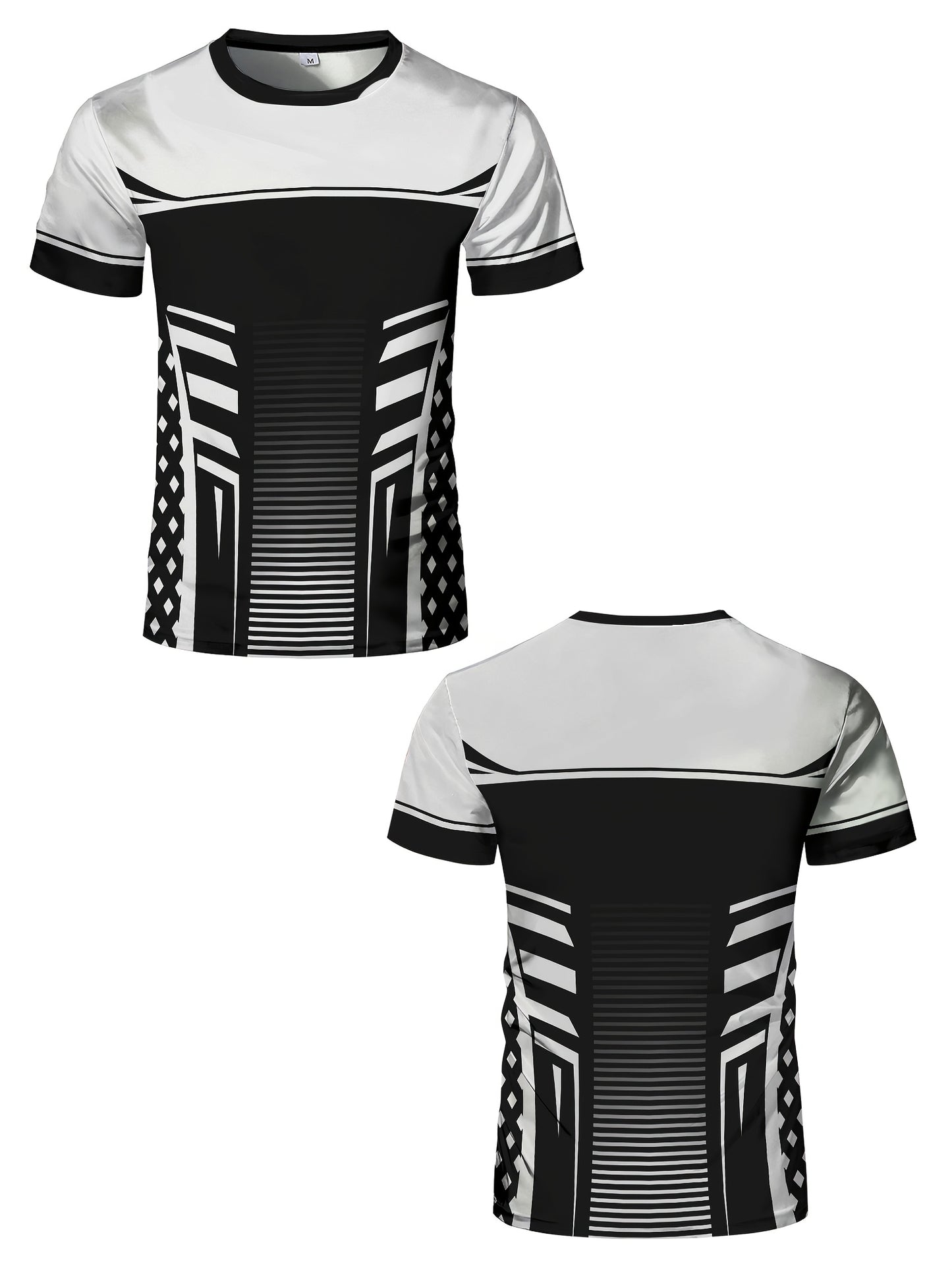 Geometric print high stretch skinny fit short sleeve crew neck T-shirt, quick-drying sports top for summer fitness,