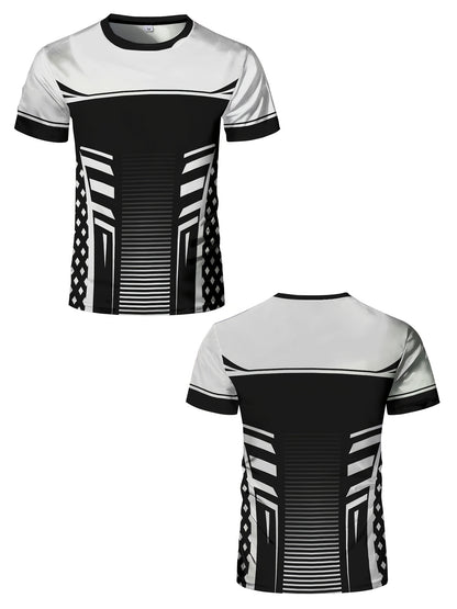Geometric print high stretch skinny fit short sleeve crew neck T-shirt, quick-drying sports top for summer fitness,