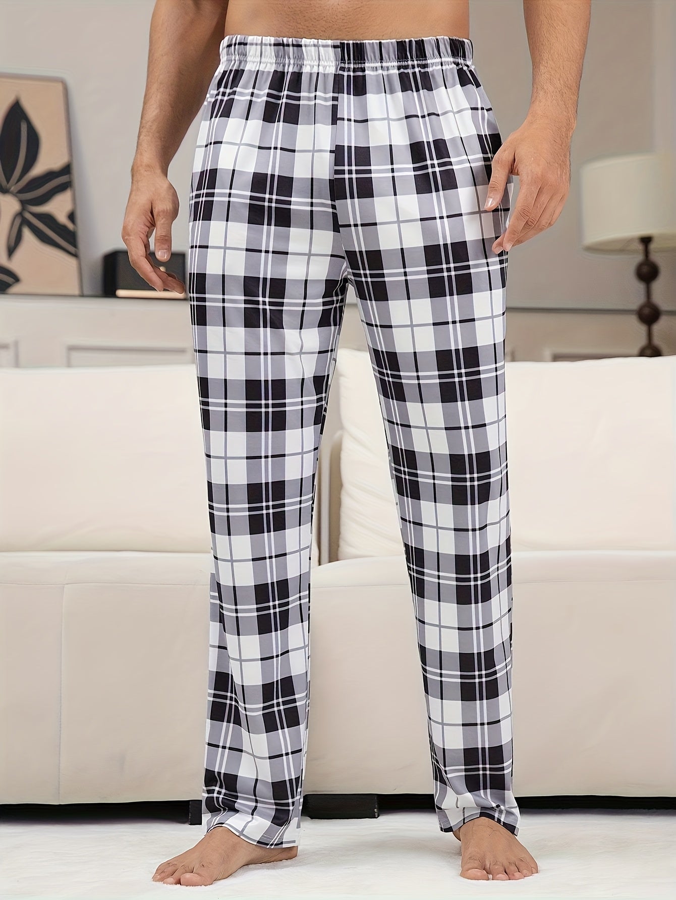 Men'S 2pcs Plaid Print Pajama Pants, Casual Home Wear