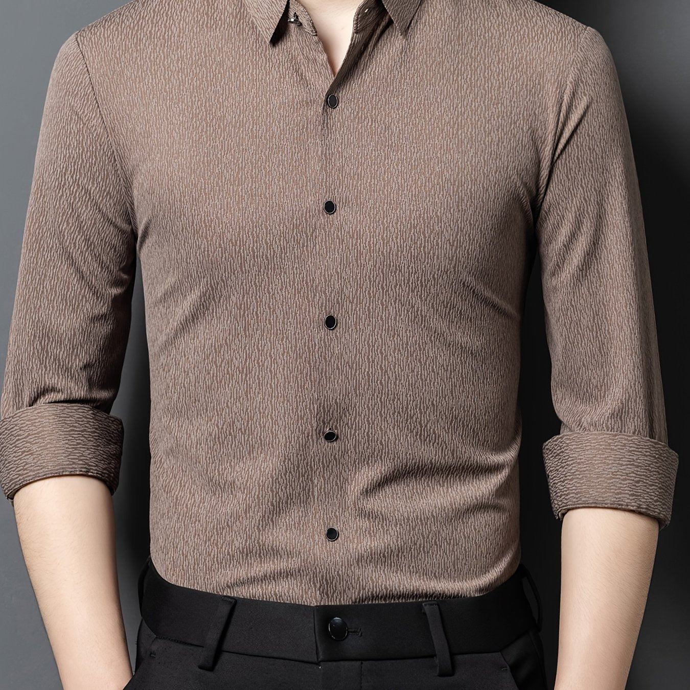 Men's Breathable Long Sleeve Button-Up Shirt - Casual Business Style, Solid Brown, Lightweight Fabric for Spring\u002FFall, Perfect for Office or Leisure Outings,