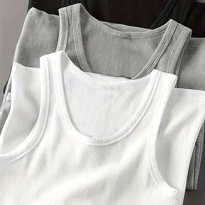 3pcs Men's Solid Color Sleeveless Tank Tops - Sporty Slim Fit, Breathable Stretch Fabric, Round Neck, Machine Washable, All-Season Casual & Athletic Wear
