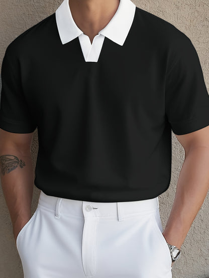 Knit Fabric, Polo Shirt Knit Fabric, All-Season Comfort | Men's Casual Loose Fit Polo Shirt - Short Sleeve, Button-Up Collar, Solid Color, Perfect for Casual Attire,