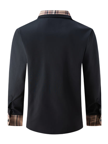 Men'S Casual Long Sleeve Shirt with Color Block Pocket Design - Comfortable Collar, Breathable Fabric,