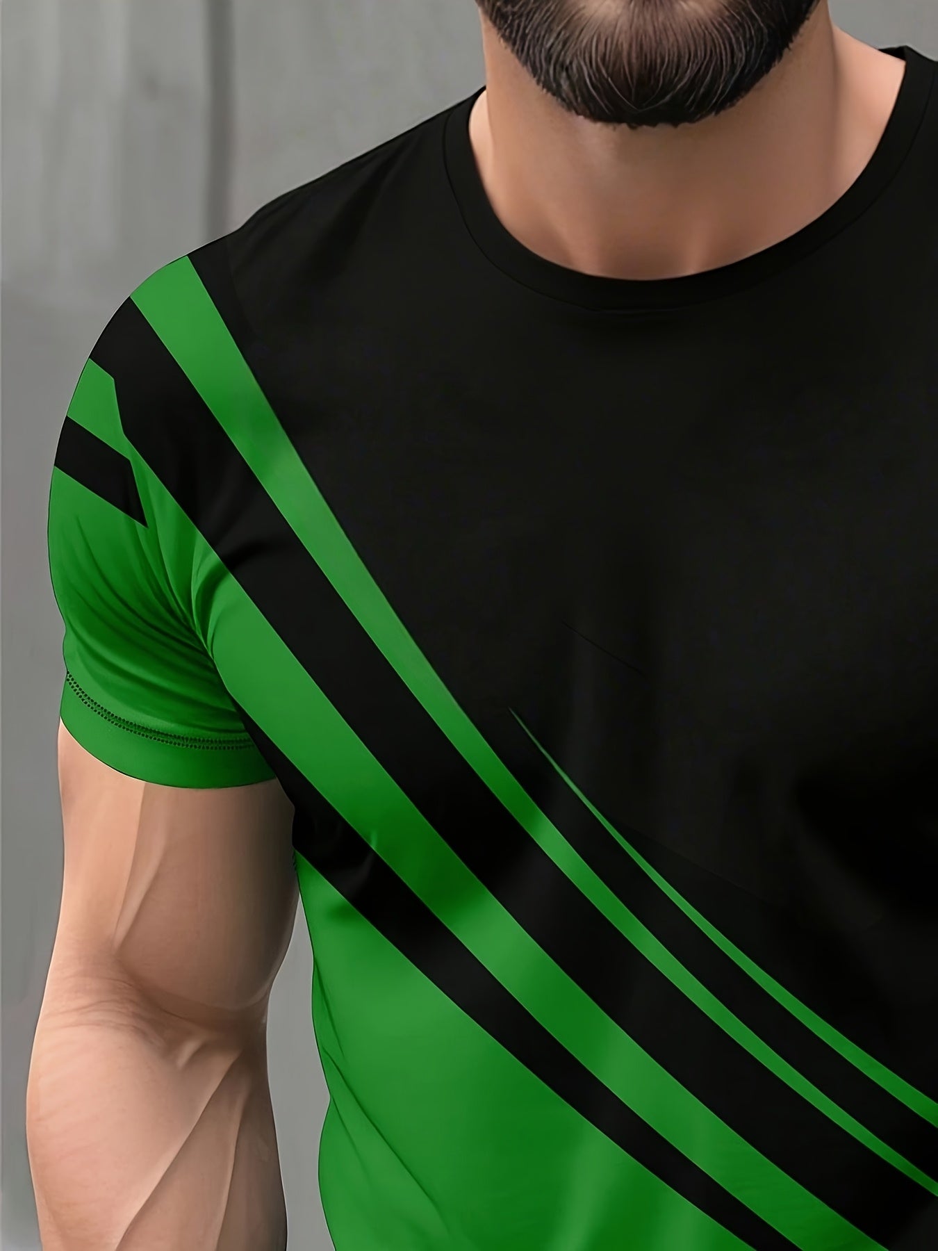 Men'S Casual T-Shirt with Bold Green & Black Striped Design - Breathable Short Sleeve Round Neck Tee,
