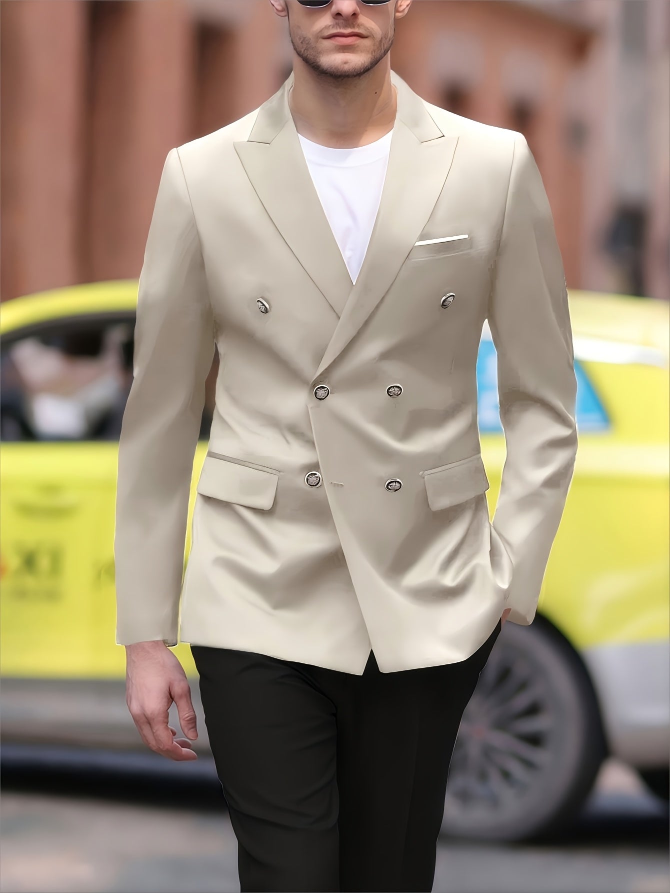 1pc Navy Blue Men's Double-Breasted Notch Lapel Suit Jacket - Luxury Business Casual Coat with Golden-Tone Buttons,