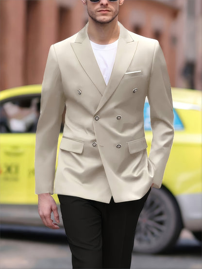1pc Navy Blue Men's Double-Breasted Notch Lapel Suit Jacket - Luxury Business Casual Coat with Golden-Tone Buttons,