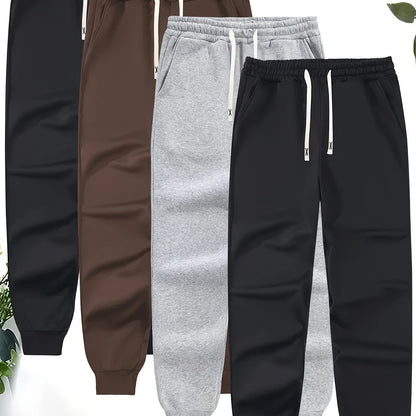 Mens Sports Jogger Pants 4pcs Plus Size Men's Sports Jogger Pants, Polyester Knit Fabric, Slight Stretch, Solid Color, Regular Fit,
