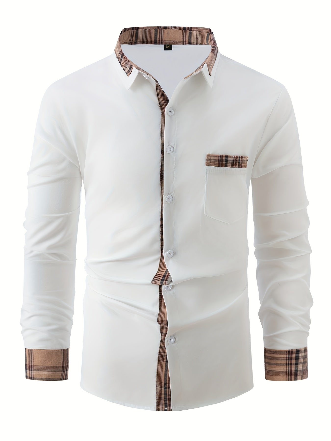 Men'S Casual Long Sleeve Shirt with Color Block Pocket Design - Comfortable Collar, Breathable Fabric,