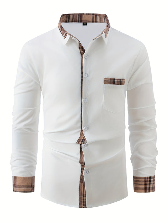 Men'S Casual Long Sleeve Shirt with Color Block Pocket Design - Comfortable Collar, Breathable Fabric,