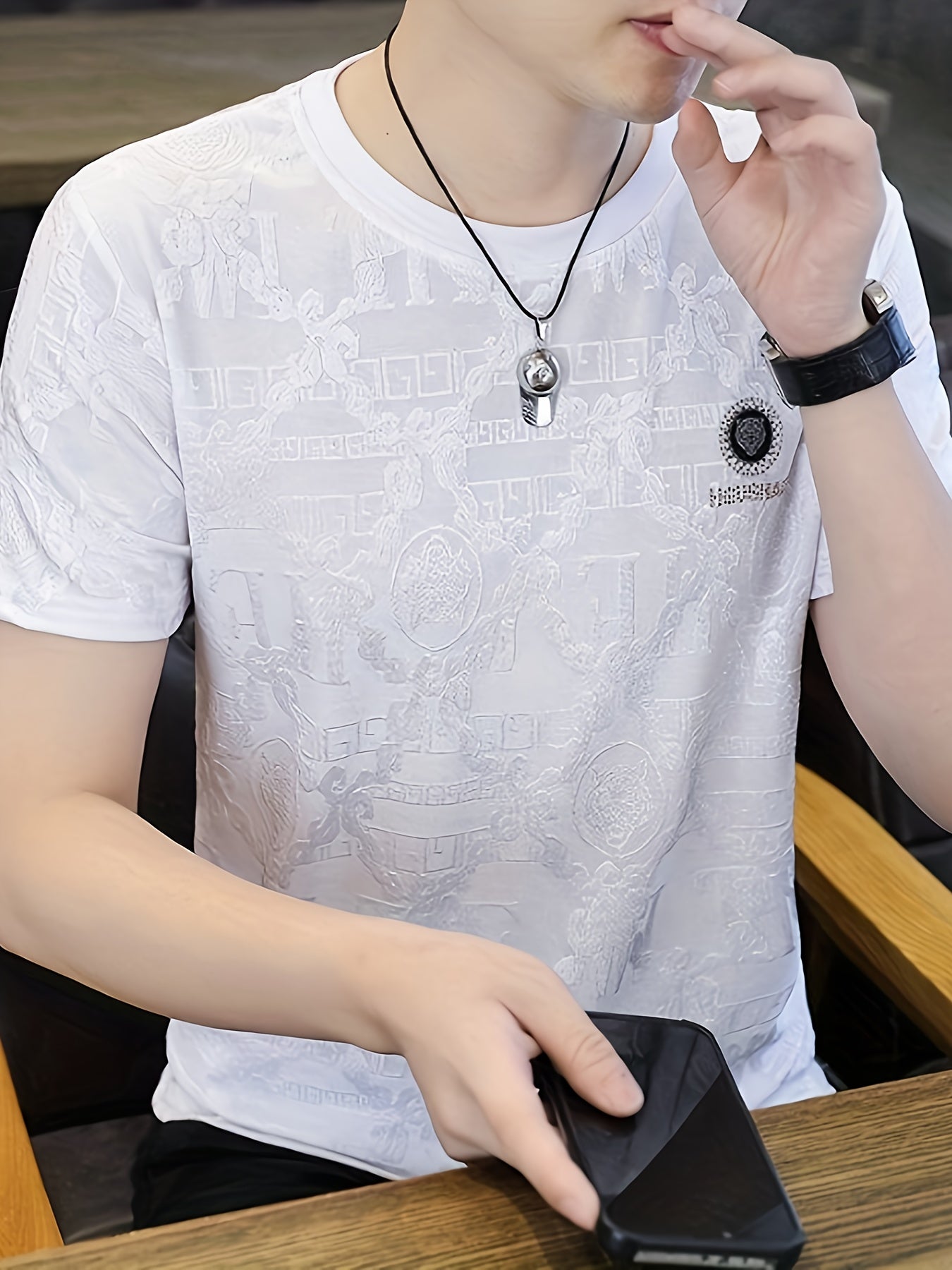 Men'S Elegant Black Short-Sleeve T-Shirt with Intricate Design - Casual Summer Top for Spring\u002FFall